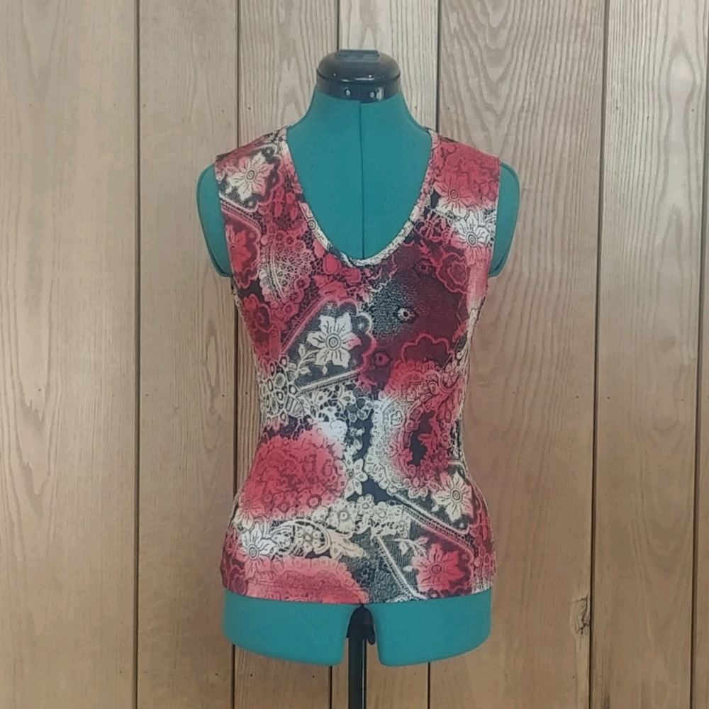 Red Oriental Floral Blouse Stretch Sleeveless V-Neck Top Women’s S